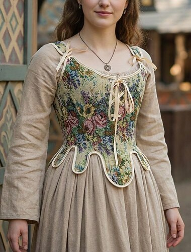  Retro Vintage Medieval Renascentista Corpete Espartilho de Tronco Inteiro Fada Cordões Floral Pintura à Óleo Fantasia Mulheres Fantasia Dia Das Bruxas Carnaval feira renascentista LARP Adulto Corpete