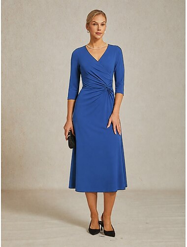  Dames Maxi-jurk Wikkeljurk A lijn jurk Elegant Dagelijks Bruiloft gast Afspraakje Met ruches Normale pasvorm Effen Kleur 3/4 mouw V-hals blauw