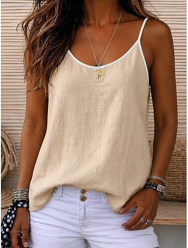  Mujer Camisa Blusa Bordado Color sólido Plano Vintage Sin Mangas Camiseta con cuello redondo Tops cortos Café marrón Colorante natural de cáñamo Azul Marino Albaricoque Verano Primavera