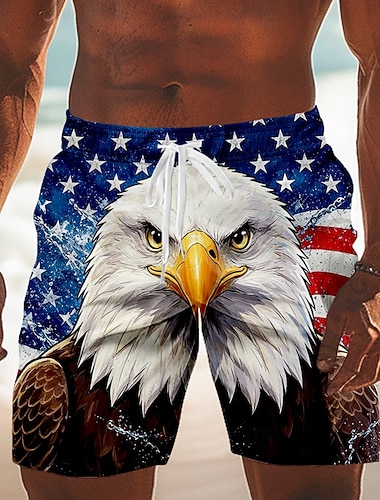  4. Juli 2026 250. Herren Adler Amerikanische Flagge Badehosen Badeanzüge Badeshorts Boardshorts Mittlere Taille Patriotisch Täglich Ferien Seitentaschen Netzfutter Elastischer Kordelzug in der Taille