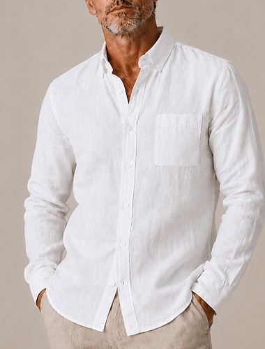  Camicia da uomo in lino con bottoni e colletto button-down, casual, quotidiana, formale, a maniche lunghe con taschino, primavera &abbigliamento estivo