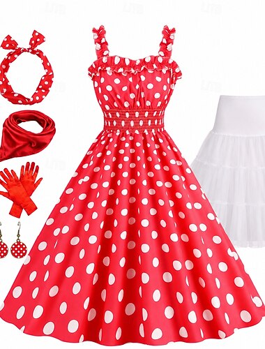  Conjunto Anos 50 Retro Vintage Rockabilly Longuette Anágua Vestido swing Conjunto de acessórios com acessórios Xadrez / Guingão Bolinhas Justo & Evasê Fantasia Mulheres Dia Das Bruxas Baile de