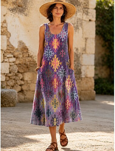  Damen Midikleid Shiftkleid Urlaub Lässig Boho Ferien Normale Passform Grafik Geometrisch Ärmellos U-Ausschnitt Blau Purpur Sommer Frühling