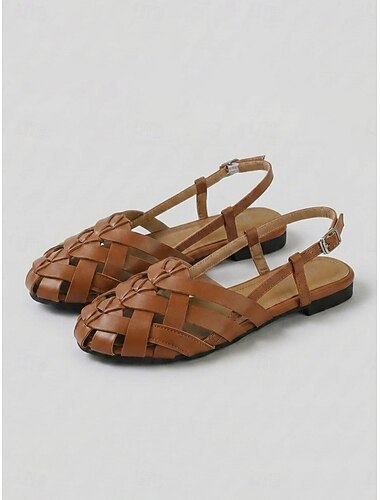  Dames sandaaltjes met amandelvormige slingback, geweven in gladiatorenstijl - gesloten teensandalen met verstelbare gesp en lage zool, ideaal voor strand en reizen. &vrijetijdskleding