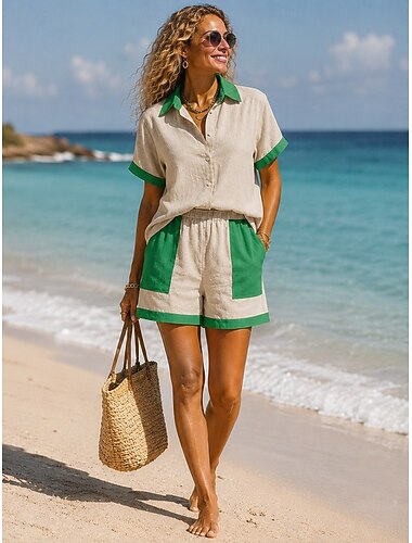  Per donna Set di biancheria in cotone Set da due pezzi Manica Corta Colletto a Camicia Patchwork Vintage Casuale Quotidiano Cachi Verde Estate Vestibilità comoda