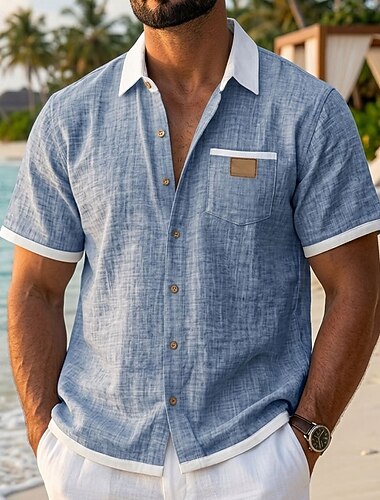  Herren Hemd Leinenhemd Sommerhemd Strandbekleidung Knopfhemd Farbblock Lässig Urlaub Blau Grün Grün Khaki Kurzarm Kragen Sommer Frühling Bekleidung Aufgesetzte Tasche