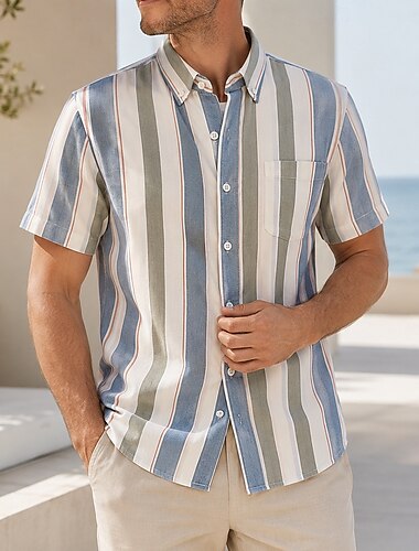  camicia da uomo in tessuto Oxford a maniche corte con righe color kaki