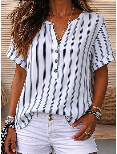  Dam T-shirt T-shirts Randig T-shirt Randig Stylish Klassisk Kortärmad V-hals Vanliga toppar Ledigt Dagligen Strand Svartvit Sommar Vår