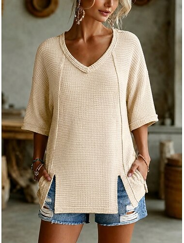  Per donna Camicia a nido d'ape Blusa Maglietta Tessuto Semplice Vintage Elegante Moderno Mezza Manica Scollo a V Top Regolari Casuale Quotidiano Estate Bianco Verde Albicocca Estate Primavera