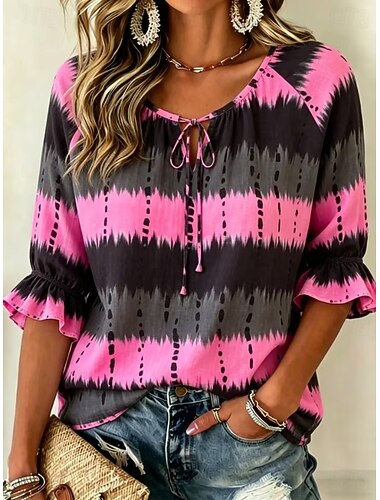  Per donna Camicia Grafico Geometrico Astratto Bohemien Vacanza Vintage Manica Lunga Cravatta al collo Scollo a V Top Regolari Casuale Quotidiano Ferie Corallo Rosso Rosa Blu scuro Estate Primavera