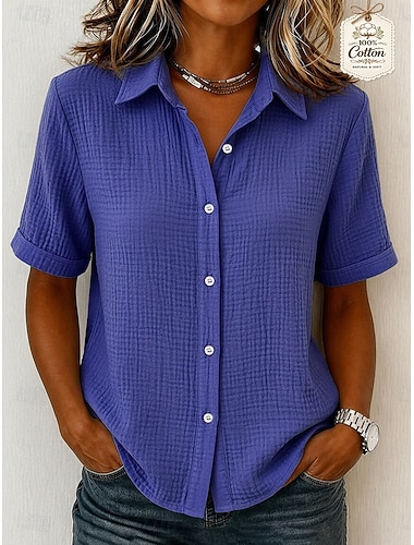  Per donna 100% cotone Camicia button-down Camicia casual Tinta unica Semplice Classico Manica Corta Top Regolari Casuale Bianco Blu marino Viola Estate