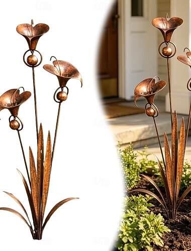  Drei Calla-Lilien mit Glöckchen, dreidimensionaler, geflammter Kupfer-Gartenstecker aus Metall, rustikale Blumendekoration aus Kupfer, ideales Geschenk für Gartenliebhaber