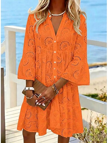  Mulheres Vestido no Joelho Vestido branco Vestido de verão Vestido Ilhós Moda Moderno Praia Férias Feriado Ajuste Largo Floral Manga Longa Colarinho Chinês Branco Amarelo Rosa Azul Real Verão