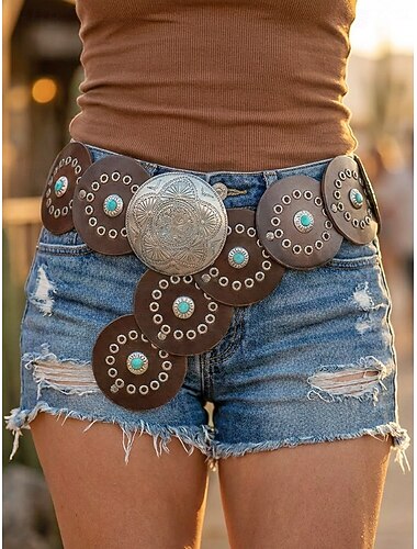  Dames boho riem met schijfjes, western tailleband van imitatieleer met turquoise studs, vintage ronde concho riem voor jurken, festivals, vakanties, cowgirlstijl, casual zomerkleding