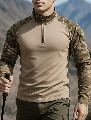  Herre Polo genser Turtopp Langermet Høy krage Topper Utendørs Hurtigtørkende Lettvekt Elastisk Pustende Vår Høst Quarter-zip Pullover Polyester Kamuflasje Militærgrønn Lysebrun Kakifarget Tennis Golf