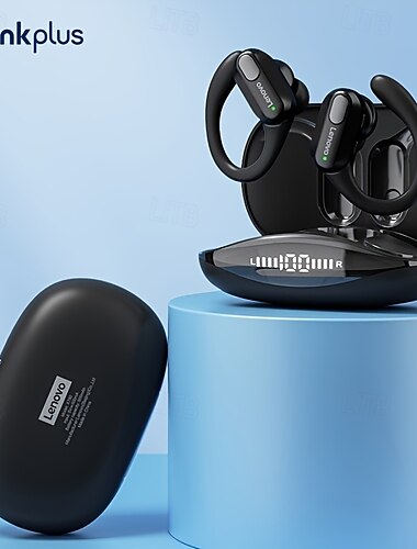  Lenovo ThinkPlus trådlösa sporthörlurar, Bluetooth 5.3-hörlurar med öronkrokar, TWS-hörlurar med digital LED-batteridisplay, inbyggd mikrofon, svettåliga för gym, löpning, träning