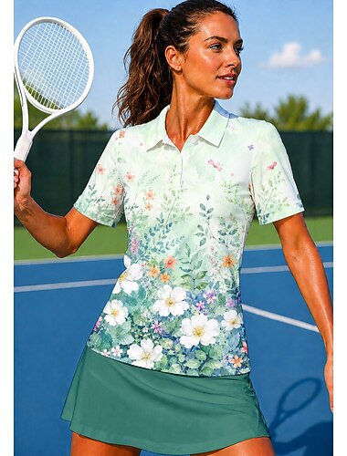  Mulheres Floral Camisa Esportiva Camisa polo de caminhada Camisa de tênis Camiseta de tênis Manga Curta Floral Botões UPF50+ Resistente a UV Elasticidade Alta Pavio Humido Respirável Voleibal Tênis