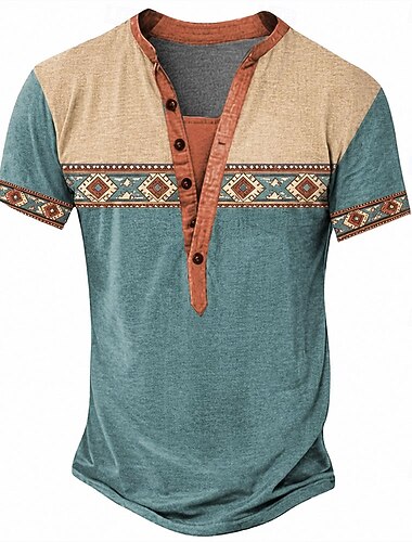  Herre Geometrisk T skjorte Henly-skjorte T-skjorter Kortermet Designer Grunnleggende Etnisk Avslappet Daglig utendørs Sommer Vår Alle årstider Blå Grønn Navyblå Mynte Grønn Henley Henley T-skjorte