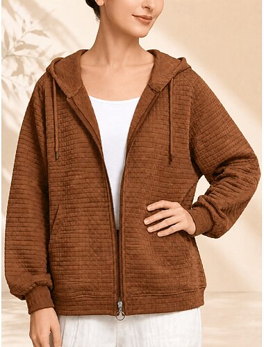  Mulheres Moletom com zíper Moletons Zíper Tecido Elegante Moda Manga Longa Com Capuz Tops regulares Casual Preto Rosa Marron Outono Inverno