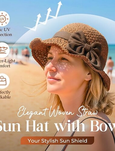 Elegante cappello da sole in paglia intrecciata con fiocco, pieghevole, fatto a mano, ideale per l'estate e la spiaggia, con ampia tesa e protezione UV, cappello a cupola casual da donna.