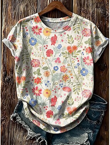  Mujer Camiseta Estampado Floral Graphic Plantas Moda Elegante Clásico Manga Corta Cuello Barco Tops regulares Casual Diario Fin de semana Verde Claro Beige Verano Primavera