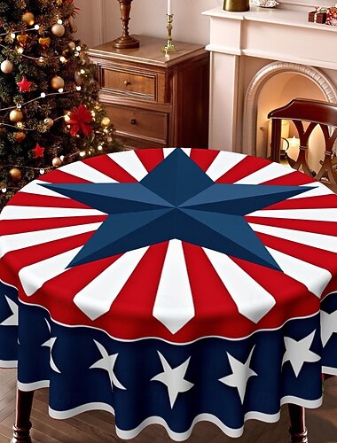  Toalha de mesa redonda patriótica com estampa de estrela, comemorativa do 250º aniversário (1776-2026), nas cores vermelho, branco e azul. Feita em poliéster resistente a derramamentos, é perfeita