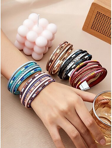  Women's Boho Faux Leather Bracelet - Multi-Layer Wrap Bangle with Strong Magnetic Clasp in Multiple Colors, Elegant Stackable Wristband for Travel Vacation, Daily Casual Wear & Gift