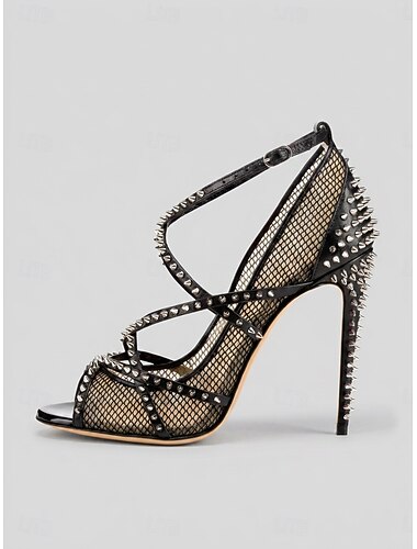  Décolleté nere da donna con borchie e tacco a spillo - sexy décolleté in rete per feste, vita notturna e serate in discoteca.