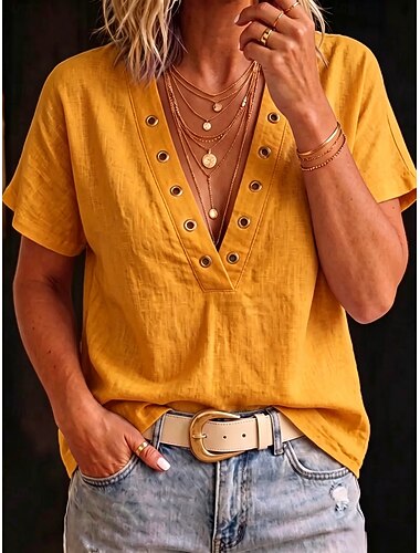  Dames Overhemd Blouse Bohemen Vakantie Korte mouw V-hals Normale tops bordeaux Zwart Wit Geel Hemelsblauw Zomer Lente