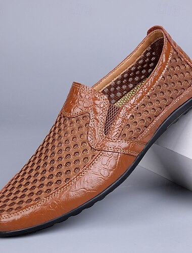  Ανδρικά καφέ διάτρητα μοκασίνια με slip-on, αναπνεύσιμα, casual παπούτσια, κομψά, smart-casual στυλ για άνδρες, οδήγηση, γραφείο, πάρτι και καθημερινή επαγγελματική casual ένδυση