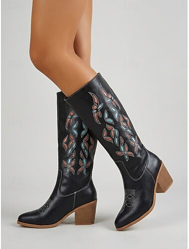  Dames zwarte western cowboylaarzen - vintage geborduurde kniehoge laarzen met blokhak voor outdoor muziekfestivals, Coachella outfits &countryconcert