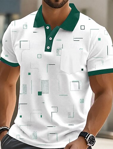  Herre Geometrisk Polo skjorter Kortærmet Polo skjorter Skjorter med krave Afslappet udendørs atletiktøj Dagligdagstøj 3D-udskrivning Knapper Forår sommer Blå Lilla Brun