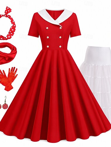  Conjunto Anos 50 Retro Vintage Longuette Anágua Vestido swing Conjunto de acessórios com acessórios Justo & Evasê Fantasia Mulheres Carnaval Baile de Máscaras Festival de Música Festa de Chá Adulto