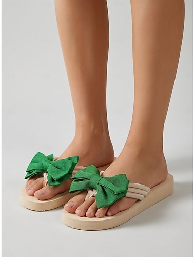  Grüne Damen-Flip-Flops mit Schleife und Plateau – süße Sommersandalen für den Strand mit dicker, gepolsterter Sohle &Weiche Gurte für tropische Urlaube und Inselausflüge &Entspannung am Pool