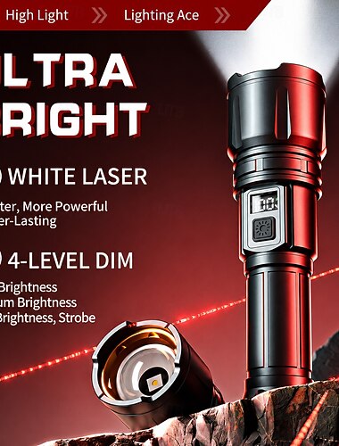  Lanterna recarregável de alto lúmen, lanterna tática LED laser branca com carregamento tipo C, visor LCD da bateria, 4 modos de iluminação, lanterna de longo alcance em liga de alumínio para camping,