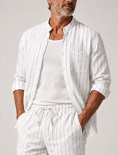  camicia da uomo a righe in lino, colletto alla coreana, maniche lunghe