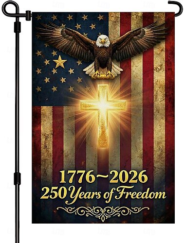 Drapeau de jardin commémoratif du 250e anniversaire des États-Unis, drapeau patriotique double face avec aigle et croix 1776-2026, décoration chrétienne extérieure pour jardin (12x18'')