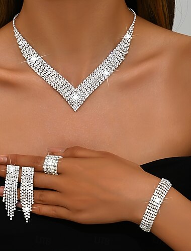  Parure de bijoux 4 Strass Chrome Boucles d'oreilles Collier Femmes Élégant Géométrique Parure de Bijoux Pour Soirée Mariage