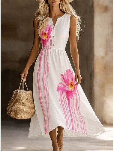 Per donna Abito Midi Abito Estivo Vacanza Quotidiano Spiaggia Feste Vestibilità regolare Floreale Senza Maniche Scollo a V Blu Bianco Giallo Rosa Estate Primavera