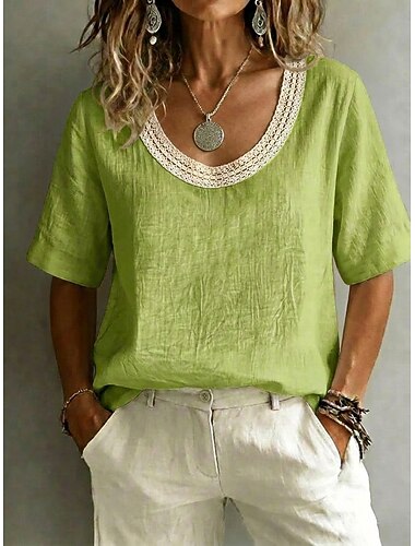  Dame Bluse Blonde topper Blonde Helfarge Elegant Årgang Kortermet U-hals Vanlige topper Avslappet Strand Høst Svart Hvit Rosa Himmelblå Grønn Sommer Vår