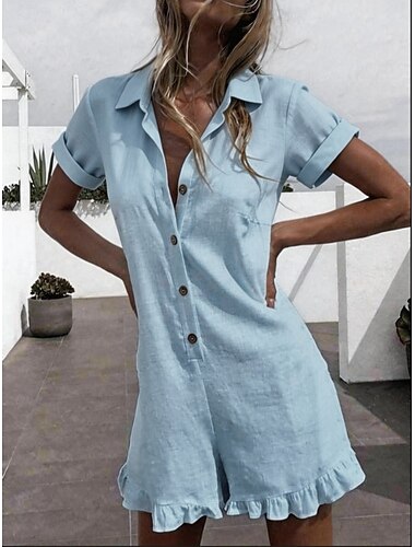  Damen Strampler Elegant Einfarbig Kurzarm Baggy-Shorts Hemdkragen Rüsche Täglich Urlaub Normale Passform Khaki Weiß Rosa Sommer
