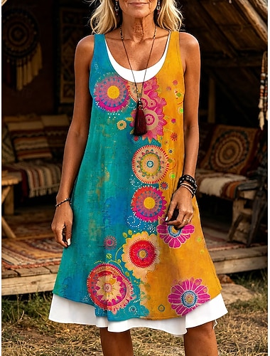  Damen Knielanges Kleid Sommerkleid T-Shirt-Kleid A Linie Kleid Urlaub Lässig Boho Normale Passform Blumen Grafik Ärmellos Rundausschnitt Gelb Orange Grün Sommer Frühling