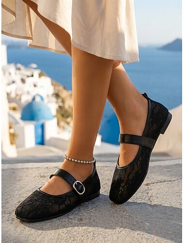 Ballerine Mary Jane da donna nere in pizzo - scarpe da ballo in rete traspirante con ricamo floreale &cinturino con fibbia per vacanze su isole, cene in riva al mare &viaggio estivo romantico