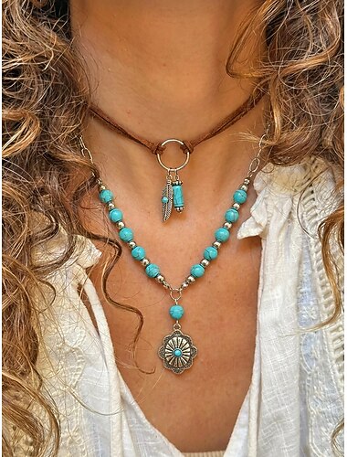  collana da donna bohémien a strati con perline turchesi, catena d'argento e piuma &Ciondolo a forma di fiore, cinturino in finta pelle scamosciata, casual e da vacanza