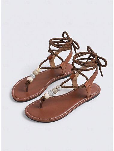  Damessandalen met bandjes in bohemian stijl - zwarte gladiatorsandalen met marmeren kralenaccenten en verstelbare vetersluiting bij de enkel, perfect voor zomerse strandvakanties en uitstapjes in de