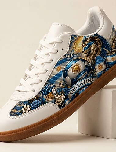  Heren Blauwe Leeuw Voetbal Print Lage Sneakers Veterschoenen Casual Voetbalfan Schoenen Lichtgewicht Gum Zool Fashion Trainers voor Mannen Wedstrijden Fan Feesten Sportevenementen en Dagelijks Gebruik