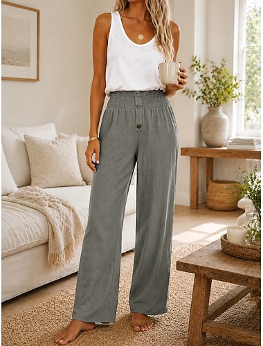  Damen Hose aus Baumwollleinen Weites Bein Chinos Sommerhose Urlaub Streetwear Basic Volle Länge Mittlere Taillenlinie Einfach Tasche Elastischer Bund Bequem Komfort Mikroelastisch Outdoor Urlaub