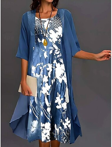  Abito di Laurea da Donna Abito Midi Abito Chiffon Abito Shift Elegante Festa Formale Vacanza Ospite Matrimonio Vestibilità Larga Floreale Manica Mezza Girocollo Blu Estate Primavera Autunno