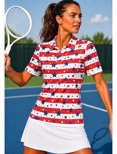  Amerikan 250-vuotisjuhla Naisten Raita Pusero Urheilupaita Poolopaita Tennispaita Lyhythihainen Kukka-aihe Napit UPF50+ UV-vastustuskykyinen Erittäin elastinen Kosteuden siirtävä Hengittävä