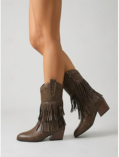  Dames bruine western cowboylaarzen - vintage halfhoge laarzen van imitatieleer met gelaagde franjes &Details met studs voor het openluchtmuziekfestival Coachella &countryconcert